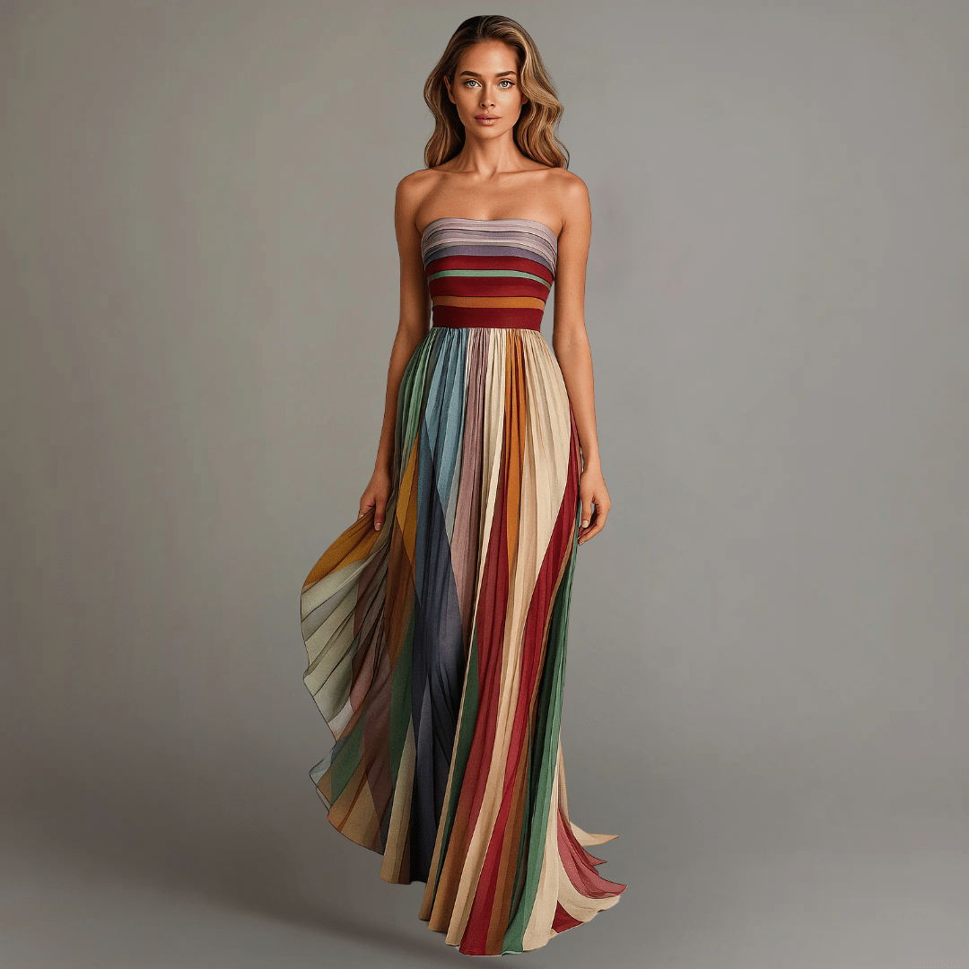 Plus size women's maxi dress featuring a vibrant, colorful strapless design with elegant pleats, perfect for summer occasions. 0
